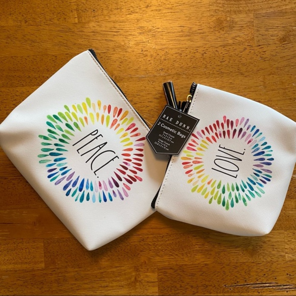 Rae Dunn PEACE & LOVE Cosmetic Bags Set of 2 NWT
